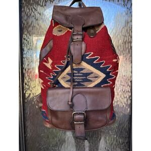 Vintage MZ Turkish‎ Kilim Wool and Genuine Leather Large Backpack